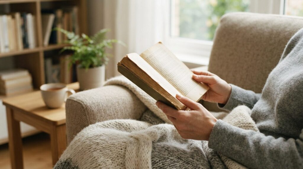 Close-up of hands holding an open classic novel with yellowe