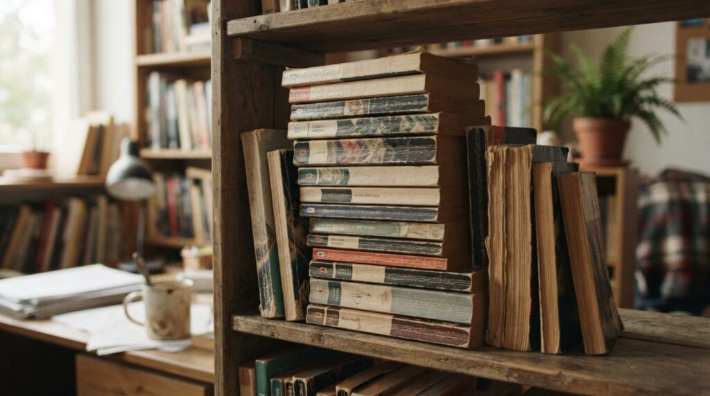 Stack of affordable used paperback books and classic novels