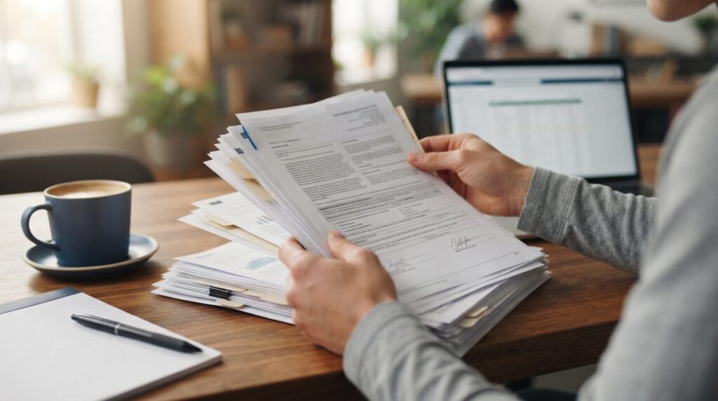 Close-up stock photo of student hands holding multiple offic