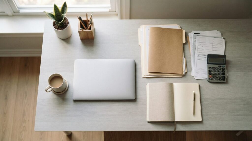 Overhead flat lay stock photo of student workspace showing l