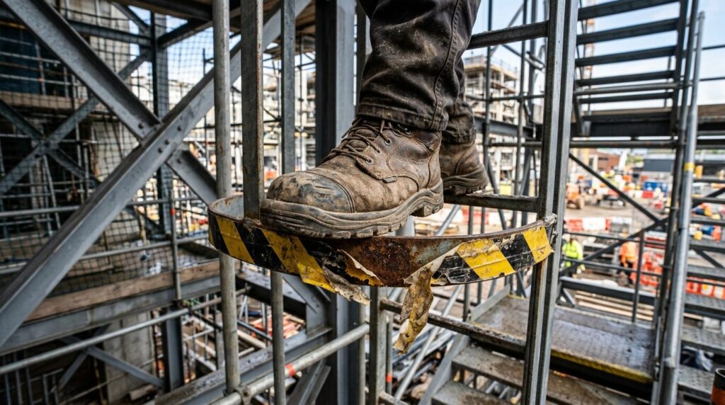 Wide photorealistic shot of a construction workers boots on