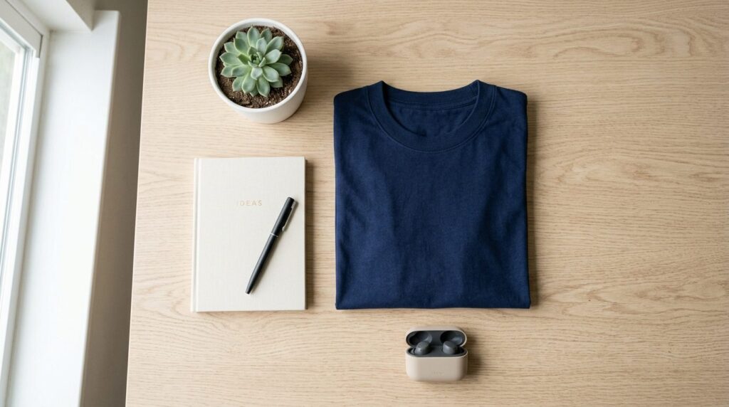 Flat lay overhead shot of a navy t-shirt folded neatly on a 