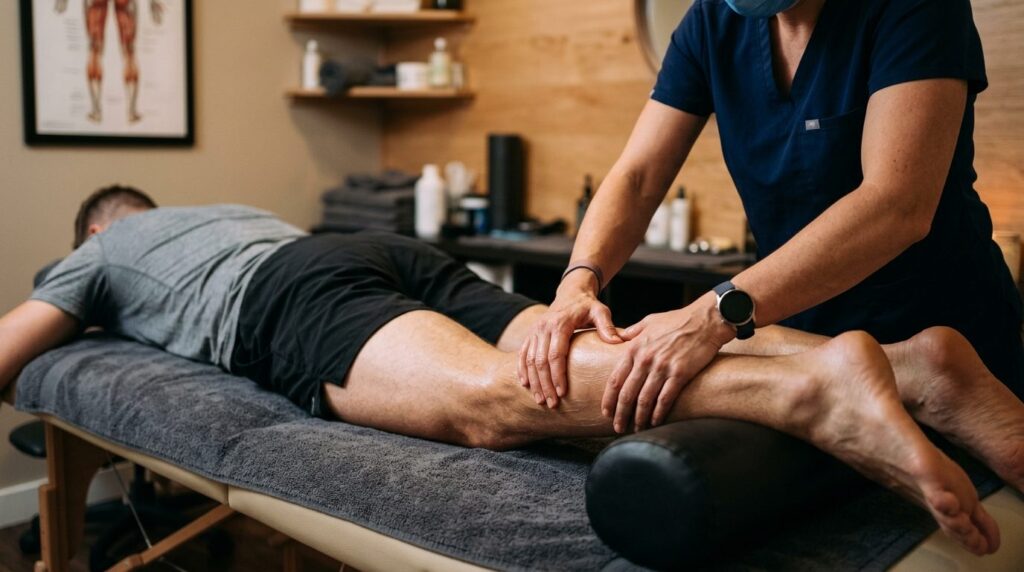 Close-up photograph of a sports massage therapists hands wo
