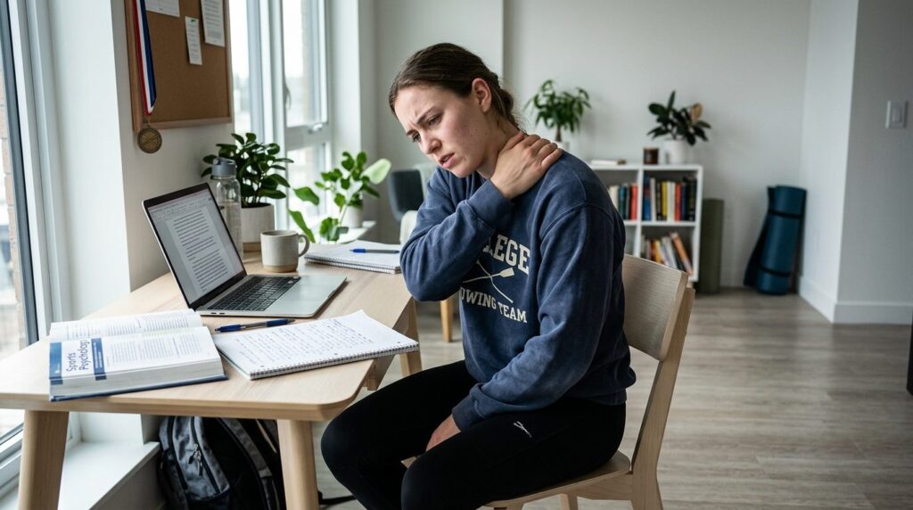 Young student athlete sitting at desk with laptop and study