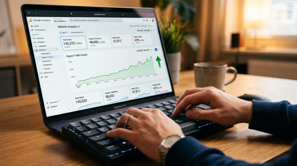 Close-up of hands typing on keyboard with website analytics