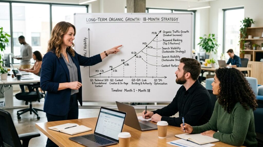 Experienced SEO strategist pointing at long-term growth char