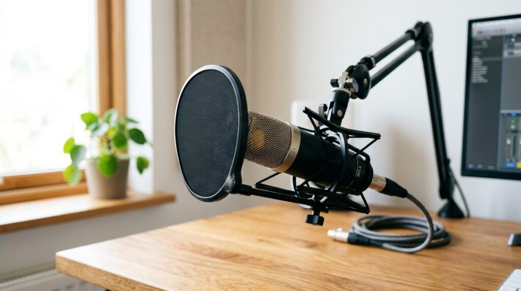 Close-up detail shot of a condenser microphone with pop filt