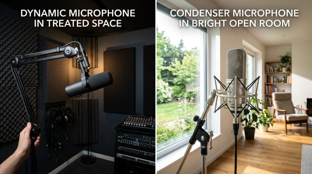 Split-screen comparison: left side shows a dynamic microphon
