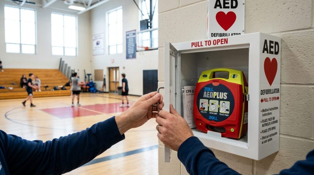 Close-up professional image of hands opening an AED defibril