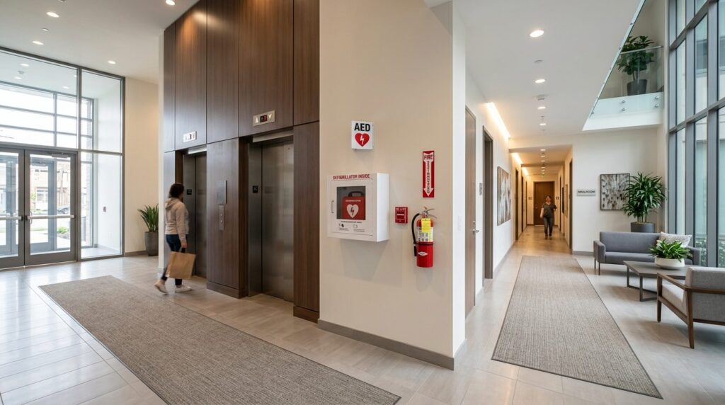 Wide shot of a residential apartment building common area wi