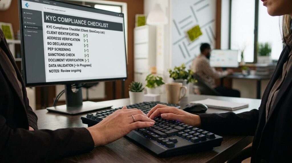 Close-up of hands typing on keyboard with KYC compliance che