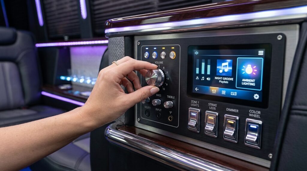 Close-up of luxury party bus amenities, detail shot of premi