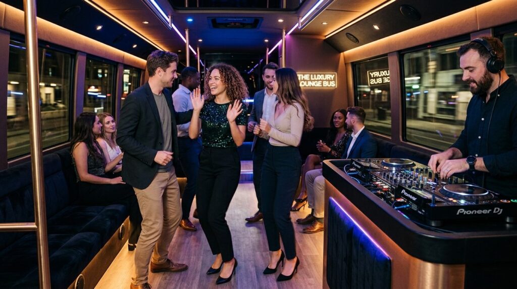 Young professionals and students in smart casual wear dancin