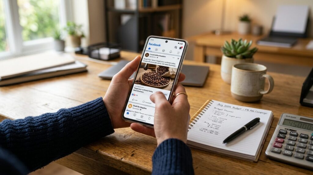 Hænder holder en smartphone, hvor en annonceplatform vises på skærmen.