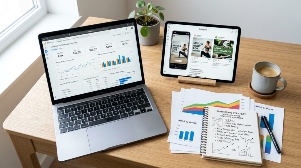 Fugleøjeperspektiv af computer, tablet og smartphone på skrivebord med digitale annonceværktøjer.
