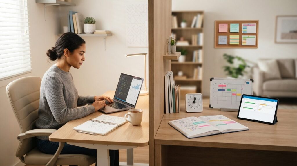 Professional stock photo, 16:9 aspect ratio. Split compositi