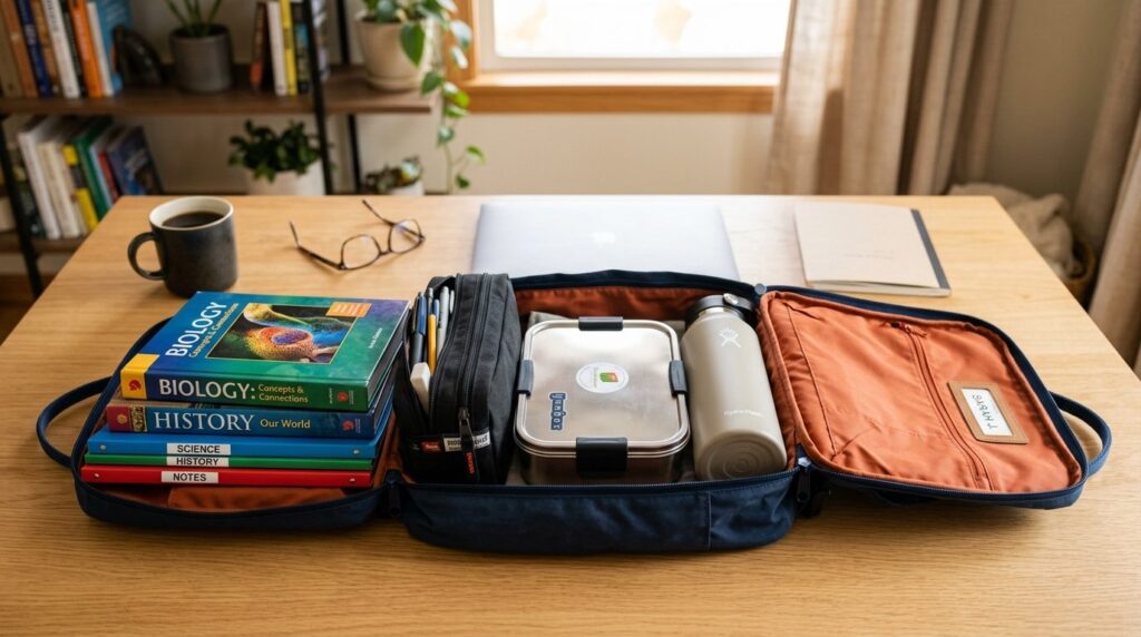 Photorealistic stock photo of a well-organized backpack laid