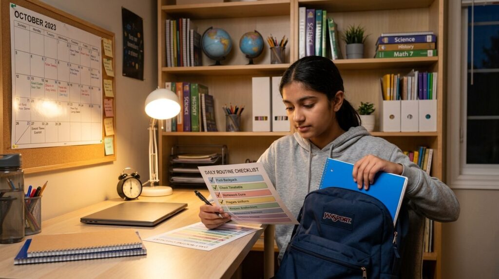 Photorealistic stock photo of a young student checking a pri