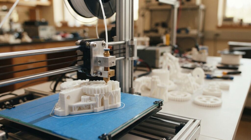 Close-up professional stock photo of a 3D printer nozzle act