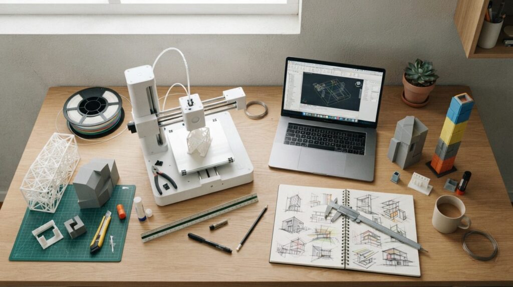 Flat lay professional photograph of a students design proje