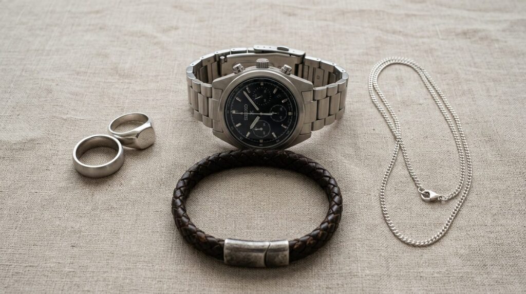 Close-up flat lay composition of masculine accessories arran