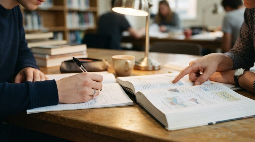 Close-up shot of a students hands writing notes while a tut