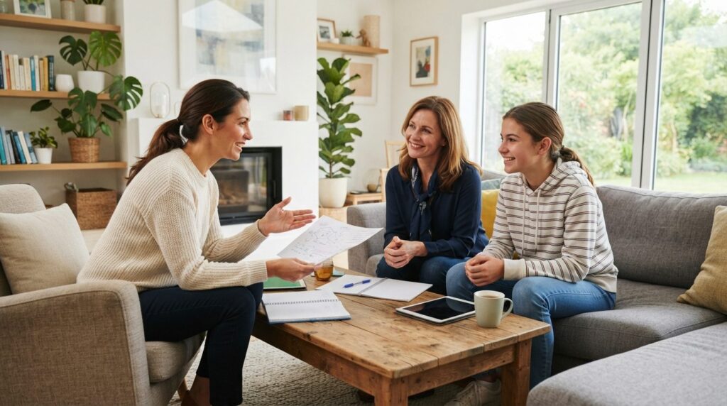 Wide shot of a parent and teenage student having a consultat