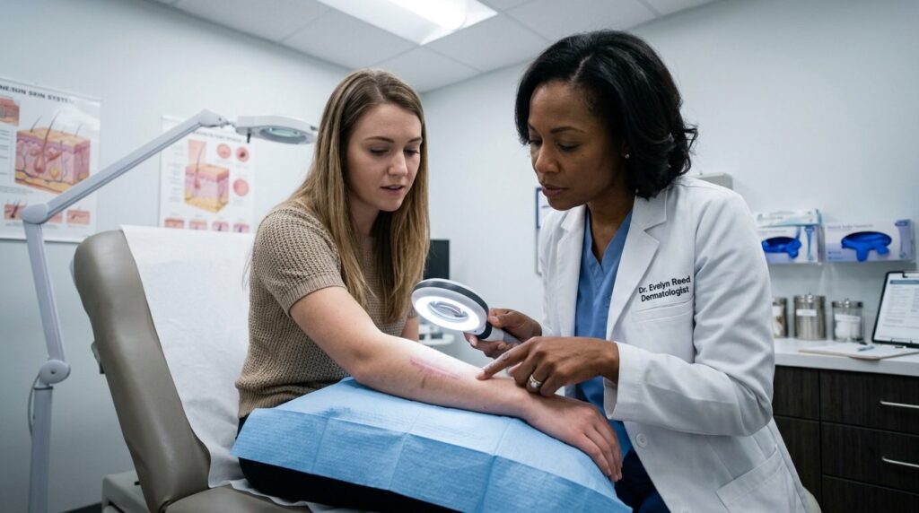 Dermatologist examining patients skin texture and scar impr
