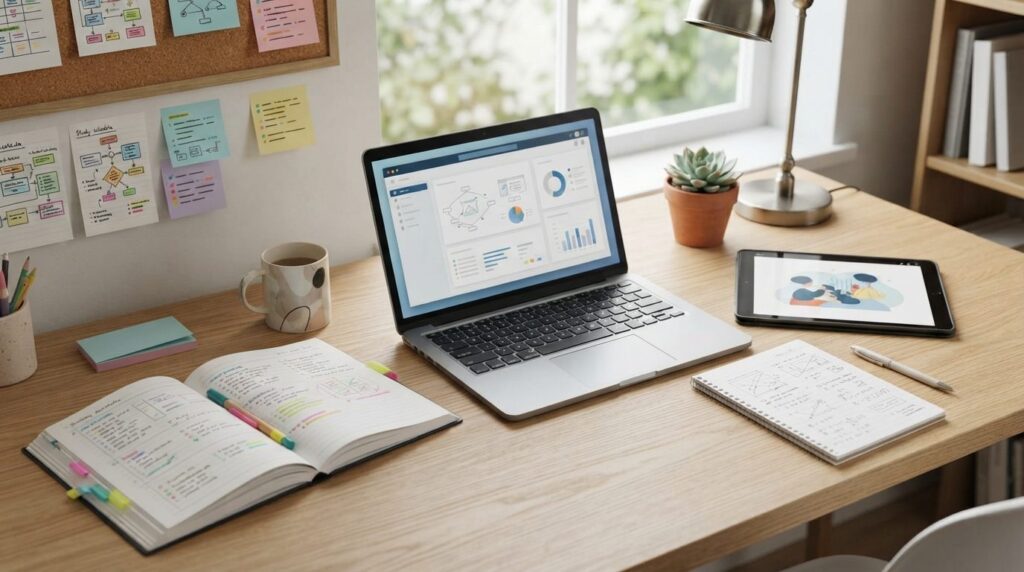 Organized student study setup showing laptop, paper planner,