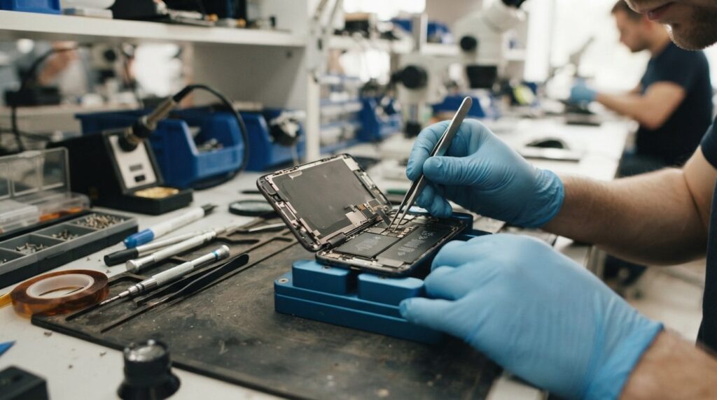 Close-up of a technicians hands in a repair shop examining