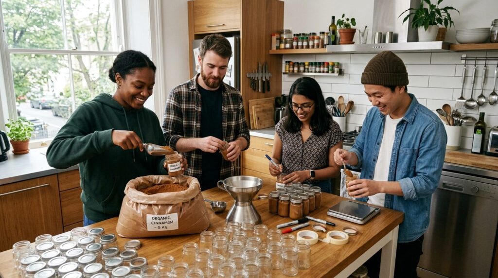 Candid photograph of four diverse students dividing bulk cin