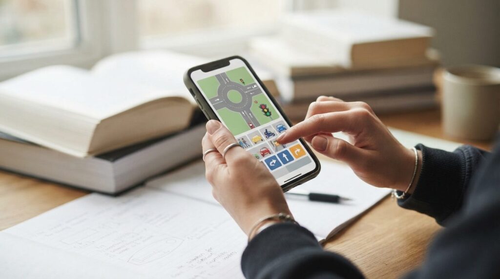 Close-up of hands holding a smartphone with a driving theory
