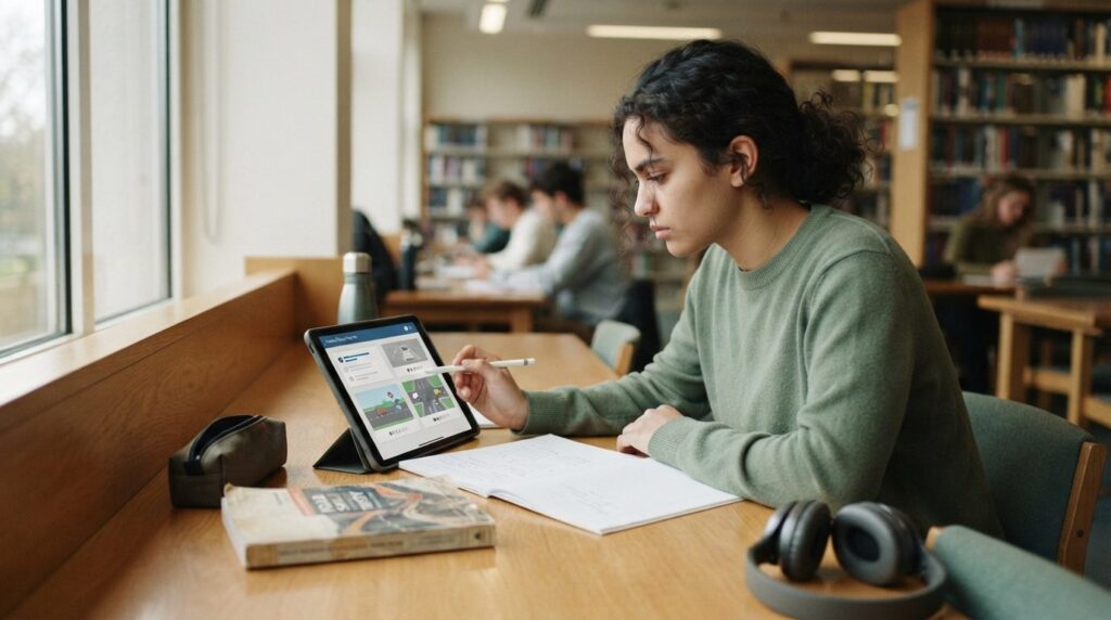 Young person taking a driving theory practice test on tablet