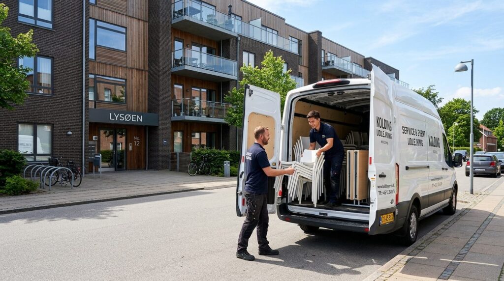 Wide shot of a white delivery van parked outside a modern re