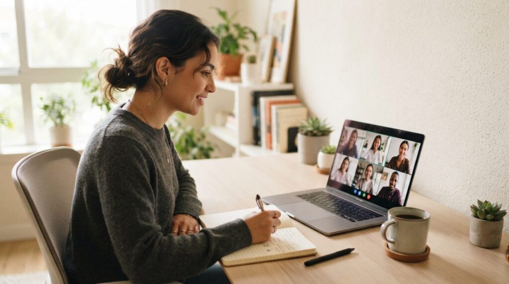 Young student entrepreneur sitting at a desk with laptop, no
