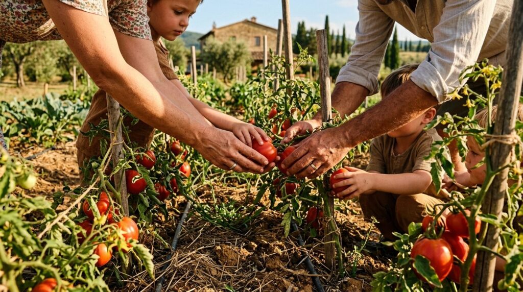 Close-up of parents and childrens hands jointly harvesting