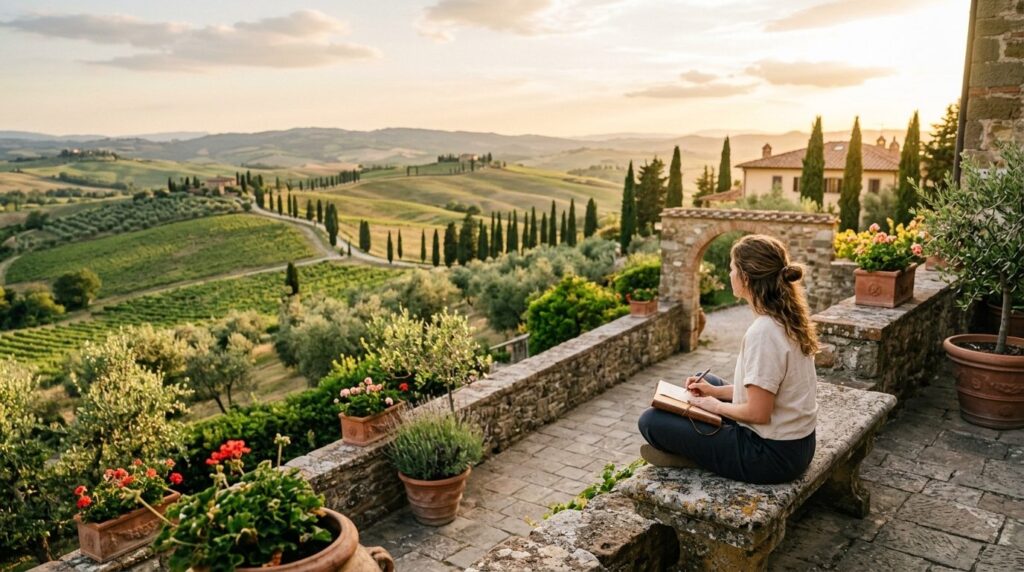 Wide landscape shot of a woman sitting peacefully on a stone
