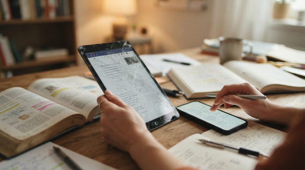 Close-up of hands transferring digital study notes from a da