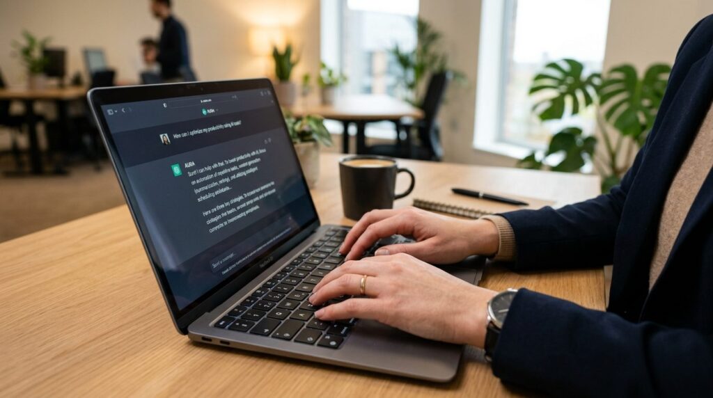 Close-up of hands typing on keyboard with AI chat interface 