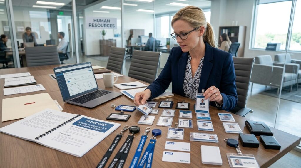Corporate HR manager reviewing and organizing different type