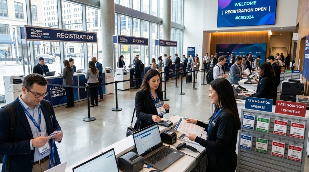 Large corporate event or conference registration area with a