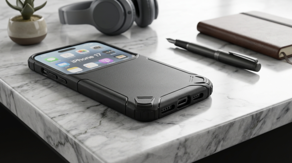 Close-up detailed shot of an iPhone 17 cover demonstrating d