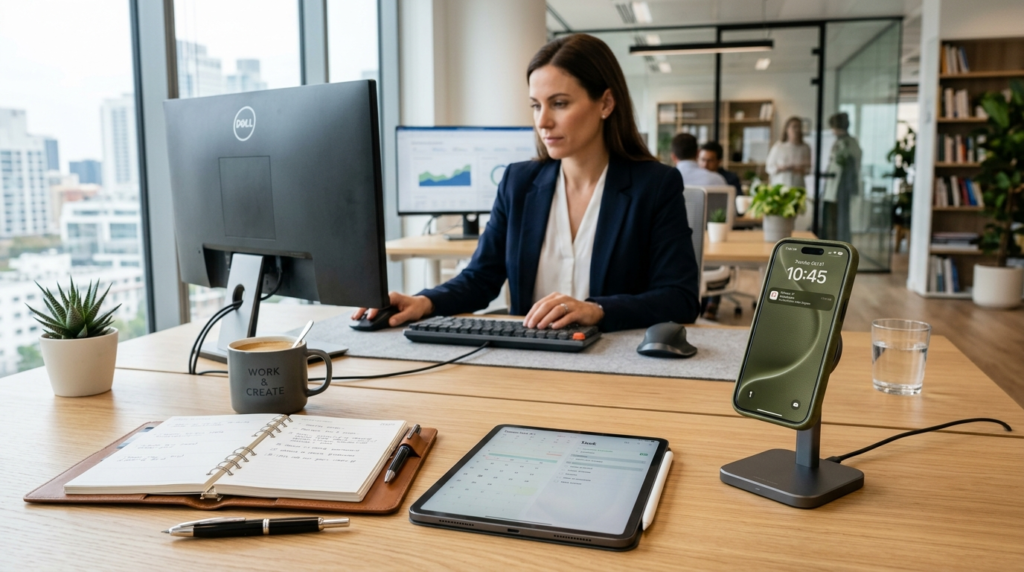 Lifestyle image of a professional womans desk workspace wit