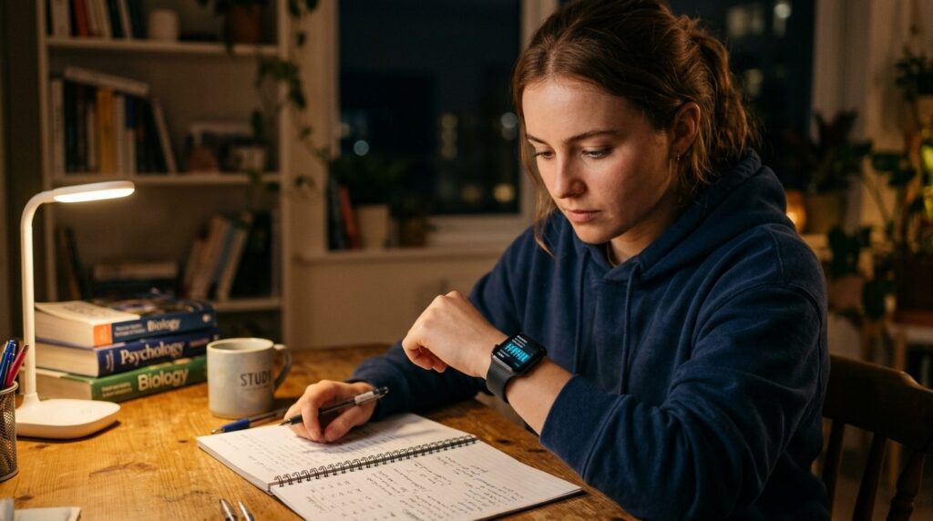 Photorealistic close-up of a young student sitting at a desk