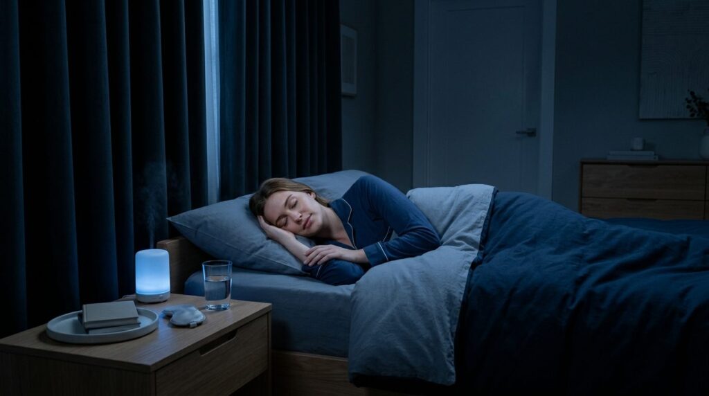 Photorealistic bedroom scene showing a person peacefully sle